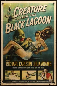 2z059 CREATURE FROM THE BLACK LAGOON 1sh '54 classic art of monster & sexy Julie Adams underwater!
