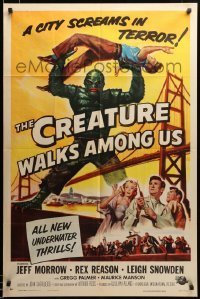 2z061 CREATURE WALKS AMONG US 1sh '56 Reynold Brown art of monster attacking by Golden Gate Bridge!