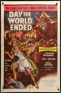 2z068 DAY THE WORLD ENDED 1sh '56 Roger Corman, great art of sexy Lori Nelson & wacky monster!