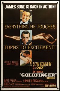 2z599 GOLDFINGER 1sh '64 three great images of Sean Connery as James Bond 007 + golden girl!