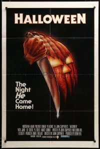 2z136 HALLOWEEN 1sh '78 John Carpenter classic, great Bob Gleason art with green ratings box!