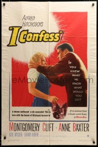 2z043 I CONFESS 1sh '53 Alfred Hitchcock, art of Montgomery Clift grabbing Anne Baxter!