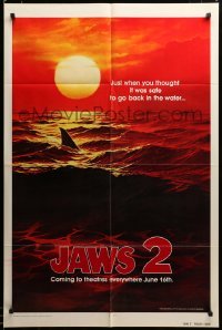 2z851 JAWS 2 teaser 1sh '78 art of man-eating shark's fin in red water at sunset, dated design!
