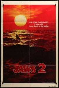 2z852 JAWS 2 teaser 1sh '78 art of man-eating shark's fin in red water at sunset, undated design!