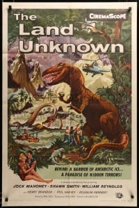 2z069 LAND UNKNOWN 1sh '57 a paradise of hidden terrors, great art of dinosaurs by Ken Sawyer!