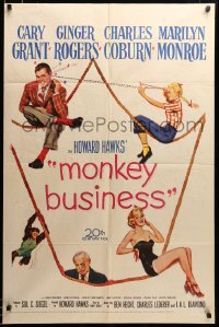 2z208 MONKEY BUSINESS 1sh '52 Cary Grant, Ginger Rogers, sexy Marilyn Monroe, Charles Coburn