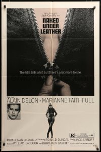 2z415 NAKED UNDER LEATHER 1sh '70 Alain Delon, super c/u of sexy Marianne Faithfull unzipping!
