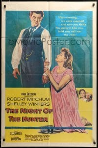 2z381 NIGHT OF THE HUNTER 1sh '55 classic Robert Mitchum showing his love & hate hands!