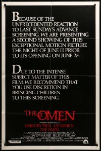 2z167 OMEN style C advance 1sh '76 Gregory Peck, Lee Remick, Satanic horror, don't bring the kids!
