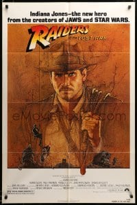 2z464 RAIDERS OF THE LOST ARK 1sh '81 great art of adventurer Harrison Ford by Richard Amsel!