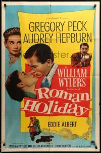 2z232 ROMAN HOLIDAY 1sh '53 Audrey Hepburn & Gregory Peck about to kiss and riding on Vespa!
