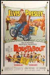 2z687 ROUSTABOUT 1sh '64 roving, restless, reckless Elvis Presley on motorcycle with guitar!