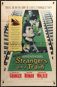2z042 STRANGERS ON A TRAIN 1sh '51 Farley Granger & Robert Walker in double murder pact, Hitchcock
