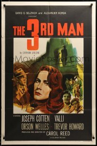 2z547 THIRD MAN 1sh '49 art of Orson Welles in doorway, plus Cotten & Valli, classic film noir!