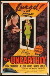 2z074 UNEARTHLY 1sh '57 John Carradine & sexy Sally Todd lured to the house of monsters!