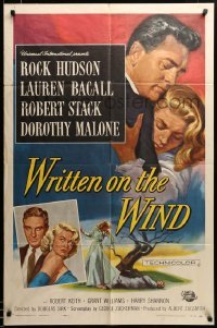 2z387 WRITTEN ON THE WIND 1sh '56 Brown art of sexy Lauren Bacall with Rock Hudson & Robert Stack!