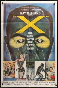 2z086 X: THE MAN WITH THE X-RAY EYES 1sh '63 Ray Milland strips souls & bodies, cool art!