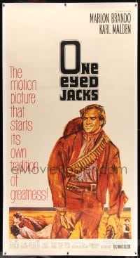 3a038 ONE EYED JACKS linen 3sh '61 art of star & director Marlon Brando with gun & bandolier!