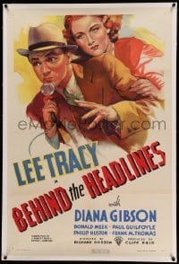 3a198 BEHIND THE HEADLINES linen 1sh '37 art of Lee Tracy holding radio microphone + Diana Gibson!