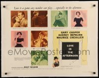 3a175 LOVE IN THE AFTERNOON linen style A 1/2sh '57 images of Audrey Hepburn, Gary Cooper, Chevalier