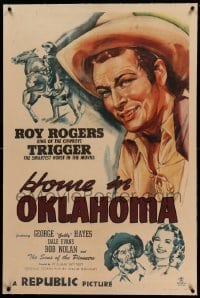 3a289 HOME IN OKLAHOMA linen 1sh '46 great art of cowboy Roy Rogers, Trigger, Dale Evans & Gabby!