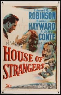3a292 HOUSE OF STRANGERS linen 1sh '49 Edward G. Robinson, Richard Conte slaps Susan Hayward!