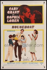 3a293 HOUSEBOAT linen 1sh '58 romantic close up of Cary Grant & beautiful Sophia Loren + with kids!