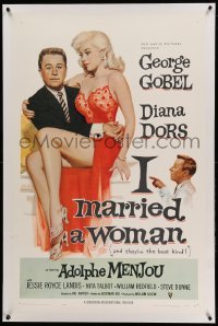 3a295 I MARRIED A WOMAN linen 1sh '58 artwork of sexiest Diana Dors sitting in George Gobel's lap!