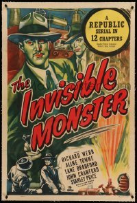 3a301 INVISIBLE MONSTER linen 1sh '50 Republic serial, madman master crook murders for millions!