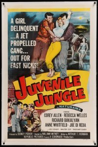 3a308 JUVENILE JUNGLE linen 1sh '58 a girl delinquent & a jet propelled gang out for fast kicks!