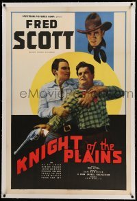 3a315 KNIGHT OF THE PLAINS linen 1sh '38 great image of cowboy Fred Scott fighting bad guy with gun!