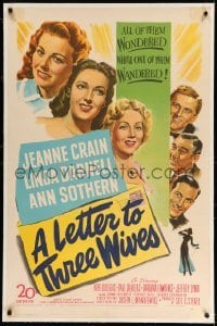 3a319 LETTER TO THREE WIVES linen 1sh '49 Jeanne Crain, Linda Darnell, Ann Sothern, Kirk Douglas!