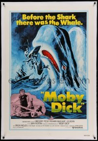 3a341 MOBY DICK linen 1sh R76 John Huston, great art of Gregory Peck as Ahab by the giant whale!