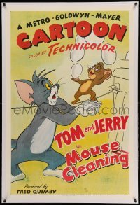 3a343 MOUSE CLEANING linen 1sh '48 Tom tries to catch Jerry juggling eggs on tightrope, cartoon art!