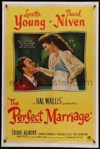 3a364 PERFECT MARRIAGE linen 1sh '46 great close up of Loretta Young holding David Niven's chin!