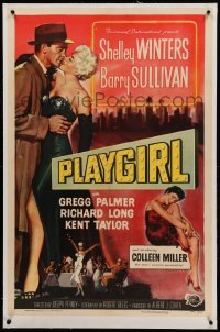 3a371 PLAYGIRL linen 1sh '54 Barry Sullivan, there's a price tag on sexy Shelley Winters' kisses!