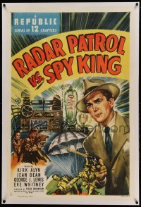3a376 RADAR PATROL VS SPY KING linen 1sh '49 Kirk Alyn with gun & fedora in a Republic serial!