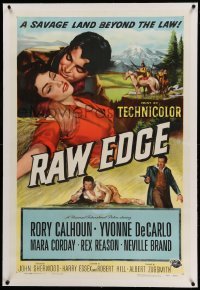 3a378 RAW EDGE linen 1sh '56 artwork of cowboy Rory Calhoun & sexy Yvonne De Carlo!