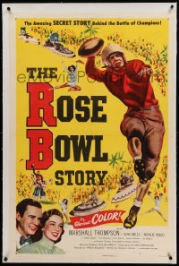 3a389 ROSE BOWL STORY linen 1sh '52 Vera Miles, football quarterback Marshall Thompson in uniform!