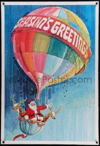 3a394 SEASON'S GREETINGS linen 1sh '78 cool art of Santa & reindeer in balloon basket!
