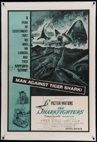3a395 SHARKFIGHTERS linen 1sh R60s no man or camera has ever captured before, art of man vs sharks!