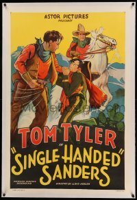 3a399 SINGLE-HANDED SANDERS linen 1sh R30s cool stone litho of cowboy Tom Tyler on horse & in brawl