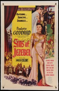 3a400 SINS OF JEZEBEL linen 1sh '53 full-length sexy Paulette Goddard as most wicked Biblical woman!