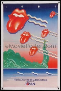 3a055 ROLLING STONES linen 23x36 poster '81 Johnson art of logos & Statue of Liberty, American Tour!