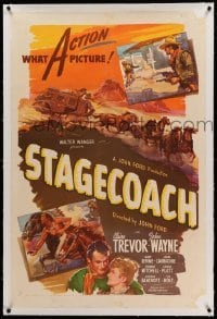 3a408 STAGECOACH linen 1sh R44 John Wayne in the classic movie that made him a huge star!