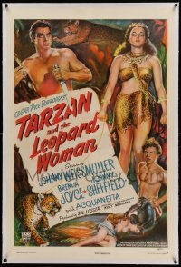3a419 TARZAN & THE LEOPARD WOMAN linen 1sh '46 art of Weissmuller, Acquanetta & Sheffield, rare!