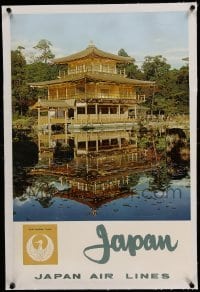3a053 JAPAN AIR LINES JAPAN linen 20x30 travel poster '60s the Gold Pavillion in Kyoto!