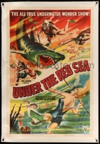 3a445 UNDER THE RED SEA linen 1sh '52 cool art of scuba divers & sexy swimmer fighting shark!