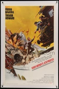 3a452 VON RYAN'S EXPRESS linen 1sh '65 art of Frank Sinatra chasing train in WWII by Frank McCarthy!