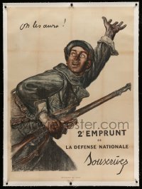 3a011 2E EMPRUNT linen 32x45 French WWII war poster '10s Jules Abel Faivre art of young man w/ gun!